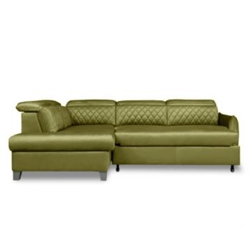 Coltar Extensibil Cu Otoman Stanga Tiago, 5 Locuri, Tetiere Reglabile, Negru, Verde Olive, 255 Cm