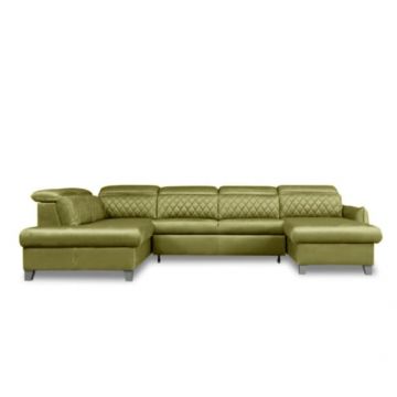 Coltar U Extensibil Tiago, Stanga, Cu Lada, 6 Locuri, Tetiere Reglabile, Negru, Verde Olive, 330 Cm