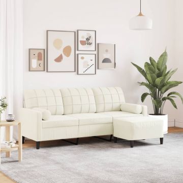 vidaXL Canapea cu 3 locuri și taburet, crem, 180 cm, catifea