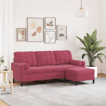 vidaXL Canapea cu 3 locuri și taburet, roșu vin, 180 cm, catifea