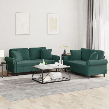 vidaXL Set canapea cu perne, 2 piese, verde închis, catifea