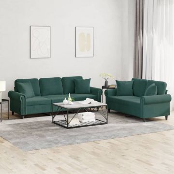 vidaXL Set canapea cu perne, 2 piese, verde închis, catifea