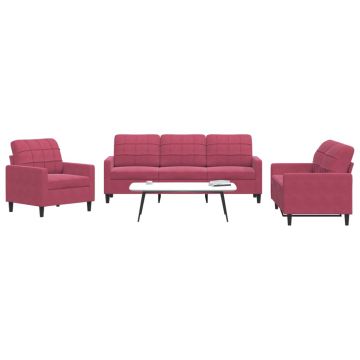 vidaXL Set canapea cu perne, 3 piese, roșu vin, catifea