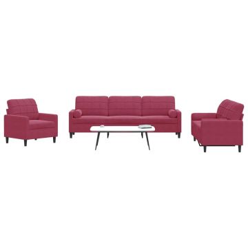 vidaXL Set canapea cu perne/rulouri, 3 piese, roșu vin, catifea