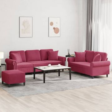 vidaXL Set canapele cu perne, 3 piese, roșu vin, catifea