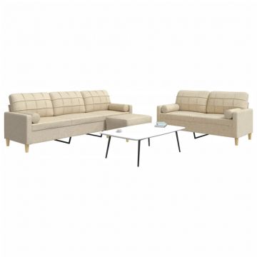 vidaXL Set canapele cu taburet și perne, 3 piese, crem, textil