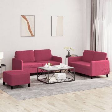 vidaXL Set de canapea, 3 piese, roșu vin, catifea