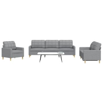 vidaXL Set de canapele, 3 piese, gri deschis, textil