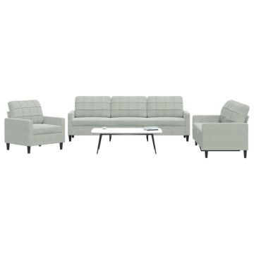 vidaXL Set de canapele cu perne, 3 piese, gri deschis, catifea