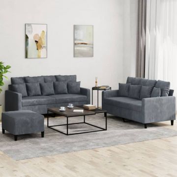 vidaXL Set de canapele cu perne, 3 piese, gri închis, catifea