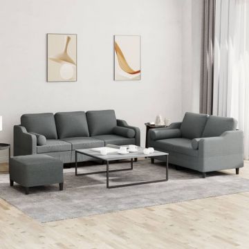 vidaXL Set de canapele cu perne, 3 piese, gri închis, textil