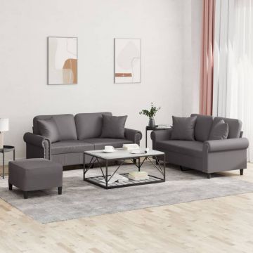 vidaXL Set de canapele cu perne, 3 piese, gri, piele ecologică