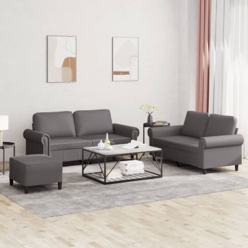 vidaXL Set de canapele cu perne, 3 piese, gri, piele ecologică