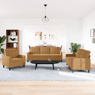 vidaXL Set de canapele cu perne, 3 piese, maro, catifea