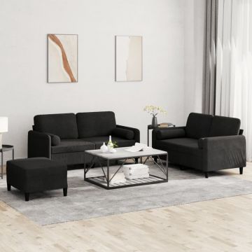 vidaXL Set de canapele cu perne, 3 piese, negru, catifea