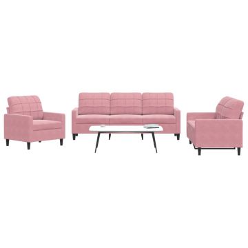 vidaXL Set de canapele cu perne, 3 piese, roz, catifea