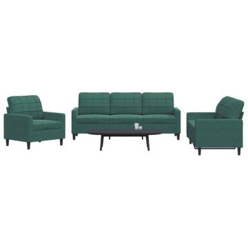vidaXL Set de canapele cu perne, 3 piese, verde închis, catifea
