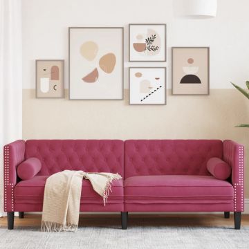 vidaXL Canapea Chesterfield cu pernuțe/3 locuri, roșu vin, catifea