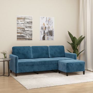 vidaXL Canapea cu 3 locuri și taburet, albastru, 180 cm, catifea