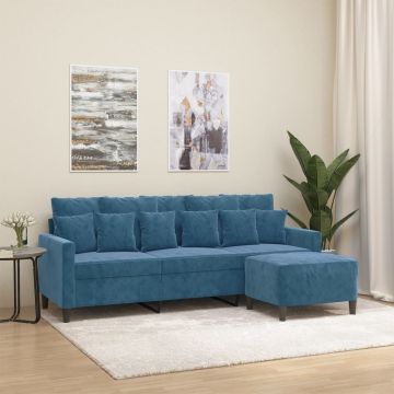 vidaXL Canapea cu 3 locuri și taburet, albastru, 180 cm, catifea
