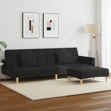 vidaXL Canapea extensibilă cu taburet, 2 locuri, negru, textil