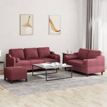 vidaXL Set canapea cu perne, 3 piese, roșu vin, material textil