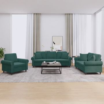 vidaXL Set canapea cu perne, 3 piese, verde închis, catifea