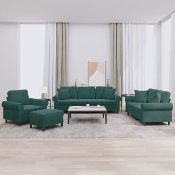 vidaXL Set canapea cu perne, 4 piese, verde închis, catifea
