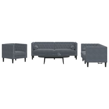 vidaXL Set canapele Chesterfield cu perne rulou, 3 piese, gri, catifea