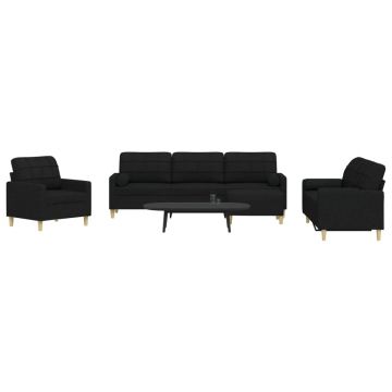 vidaXL Set canapele cu taburet și perne, 4 piese, negru, textil