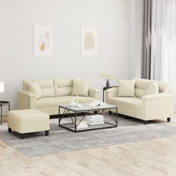 vidaXL Set de canapele cu perne, 3 piese, crem, piele ecologică