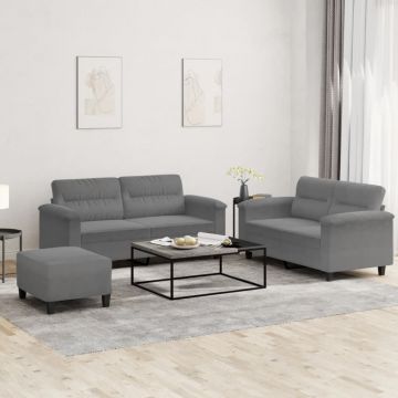 vidaXL Set de canapele cu perne, 3 piese, gri închis, microfibră