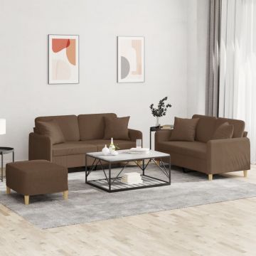 vidaXL Set de canapele cu perne, 3 piese, maro, textil