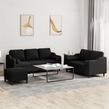 vidaXL Set de canapele cu perne, 3 piese, negru, textil