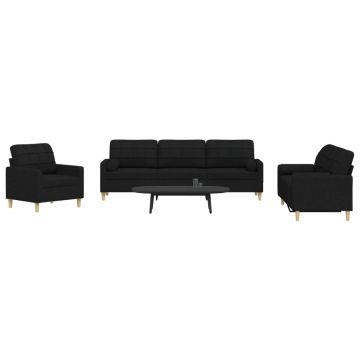 vidaXL Set de canapele cu perne decorative, 3 piese, negru, textil