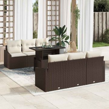 vidaXL Set de canapele pentru grădină cu pernă 7 pcs maro și crem
