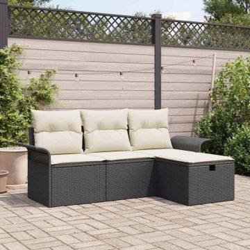 vidaXL Set de canapele pentru grădină 4 pcs negru și crem Rattan poli