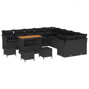 vidaXL Set de canapele pentru grădină cu pernă 14 pcs Negru poliratan