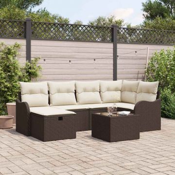 vidaXL Set de canapele pentru grădină cu pernă 7 pcs maro și crem