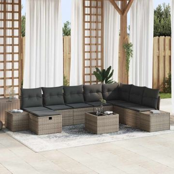 vidaXL Set de canapele pentru grădină cu pernă 9 pcs Gri Rattan poli