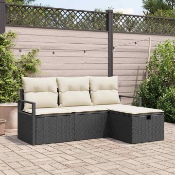 vidaXL Set de canapele pentru grădină cu pernă 4 pcs negru și crem