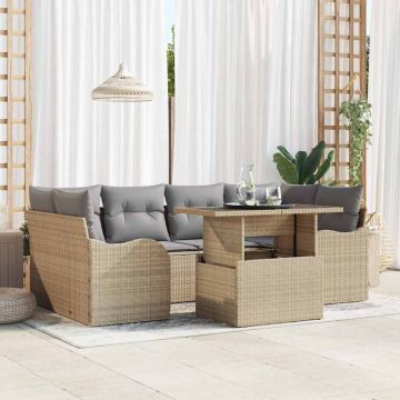 vidaXL Set de canapele pentru grădină cu pernă 7 pcs Bej Rattan poli