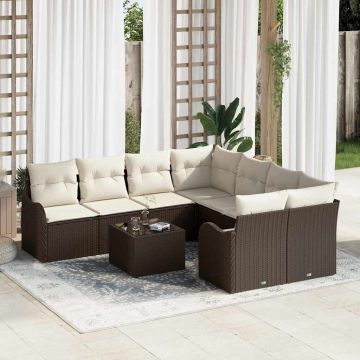 vidaXL Set de canapele pentru grădină cu pernă 9 pcs Maro și Crem