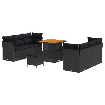vidaXL Set de canapele pentru grădină cu pernă 9 pcs Negru poliratan