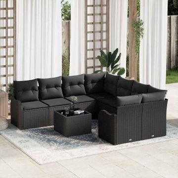 vidaXL Set de canapele pentru grădină cu pernă Manual 9 pcs Negru