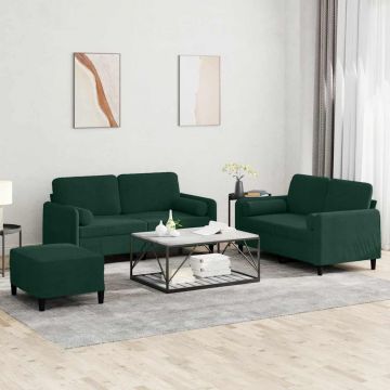 vidaXL Set canapea cu perne, 3 piese, verde închis, catifea