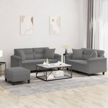 vidaXL Set de canapele cu perne, 3 piese, gri închis, microfibră