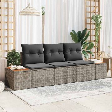 vidaXL Set de canapele pentru grădină cu pernă 3 pcs Gri Rattan poli