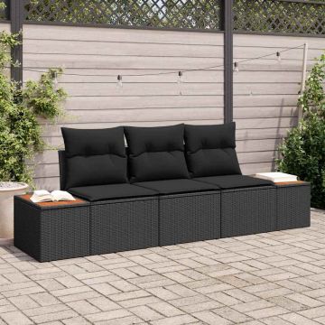 vidaXL Set de canapele pentru grădină cu pernă 3 pcs Negru Rattan poli