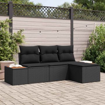 vidaXL Set de canapele pentru grădină cu pernă 4 pcs Negru Poli Rattan